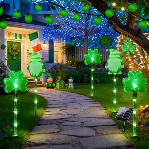 VERLIAN 5 Pack St. Patrick's Day Solar Pathway Lights Outdoor - Green LED Shamrock Stake Lights, Waterproof Solar Powered Plug-in Gnome Lawn & Garden Decor for Yard, Walkway, Irish Party Decorations by VERLIAN - Used condition - Image 5