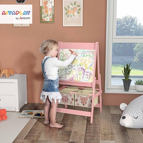 Image of Qaba Art Easel for Kids with Paper Roll, 3 in 1 Toddler Painting Easel with Blackboard, Whiteboard, Storage Baskets, Pink