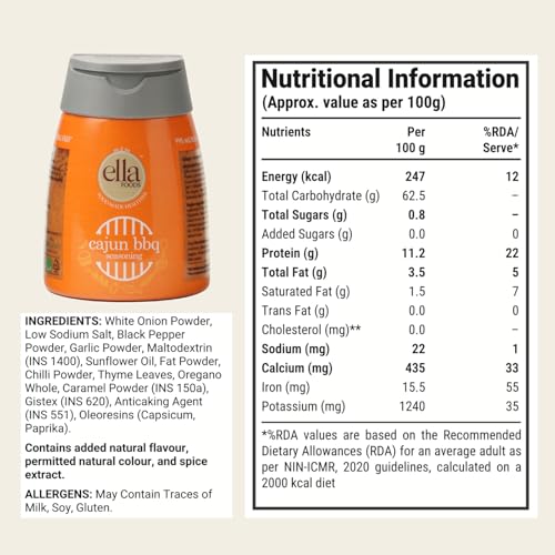 Image of Ella Foods Cajun BBQ Seasoning Powder | Pack of 2| Bold & Smoky Multi-Purpose Spice Mix for Chicken, Seafood, Fries & Vegetables | Seasoning Mix Made with Cold Pasteurized Spices | 40% Less Sodium & No MSG| (100g)