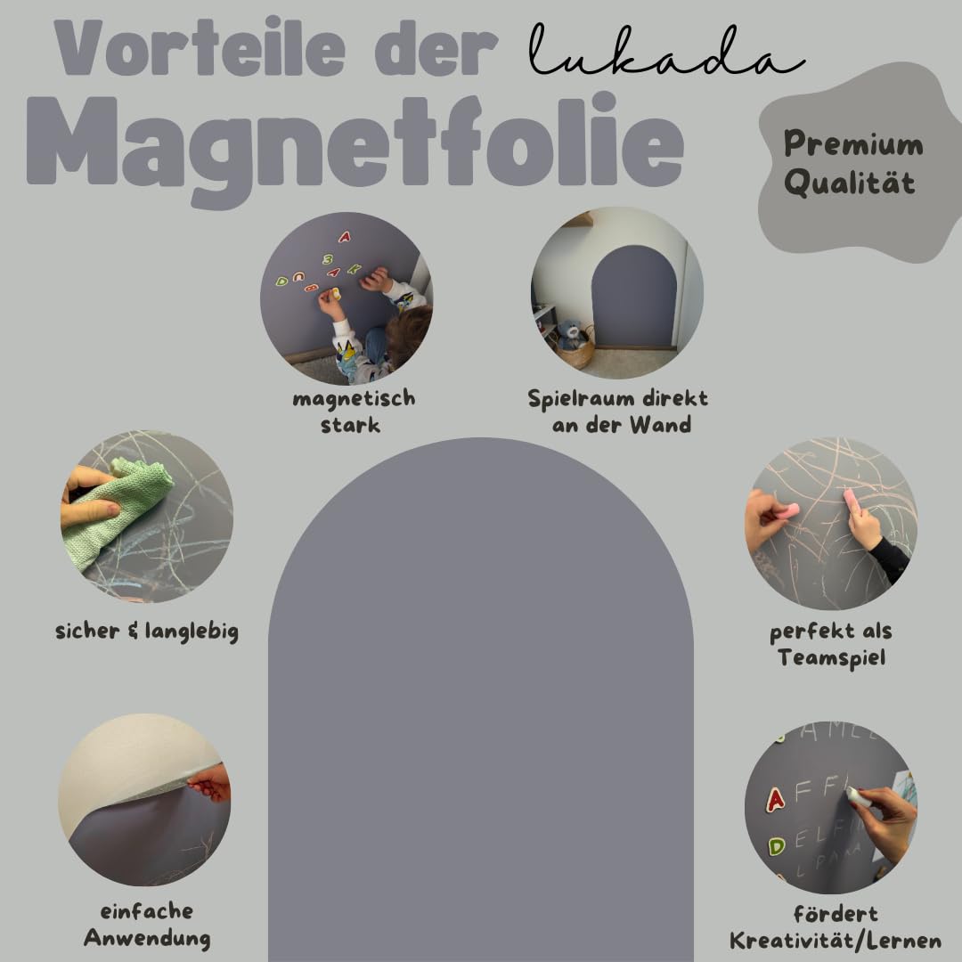 Lukada Magnetfolie | Magnetisch Selbstklebende Tafelfolie | 80 x 100cm rund Bogen Wand | Beschreibbar & Abwischbar Kreidefolie | Magnettafel Kind für Magnete | Magnetwand Kinderzimmer (Grau)