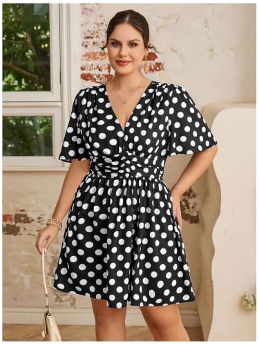 Image of Floerns Women's Plus Size Printed V Neck Short Sleeve Ruffle Hem Summer Short Dresses