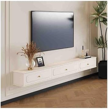 TV Stand Floating TV Stand, Elegant Vintage Wall Mounted Entainment Center with Storage, Floating TV Console with 1 Cabinet and 2 Drawers TV Cabinet White 160x24x20cm