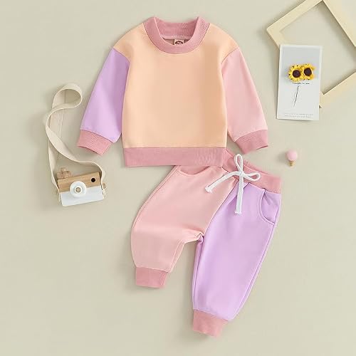 Fernvia Toddler Baby Girl Clothes 3 6 9 12 18 24 Months Fall Outfits Solid Long Sleeve Sweatshirt Tops + Pants Set (C-Purple Pink, 12-18 Months) - Thumbnail 4