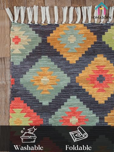 Image of HOMADORN Handmade Upcycled Sustainable Printed Rug, Dhurrie, Carpet for Living Room, Bedroom, Outdoor Decor