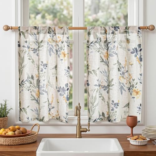 Image of MYSKY HOME Floral Kitchen Curtains 36 Inches Linen Tier Curtains 2 Panels | Farmhouse Blue Flower Patterned Small Window Treatments Airy Light Filtering Rod Pocket for Living Room Bathroom, Each 26 inch W