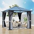 GARTOO 10'x10' Hardtop Gazebo, Outdoor Gazebo with Translucent Roof, Polycarbonate Top Metal Frame Garden Tent with Breathable Mesh and Privacy Curtains for Patio Lawn Garden Backyard, Gray