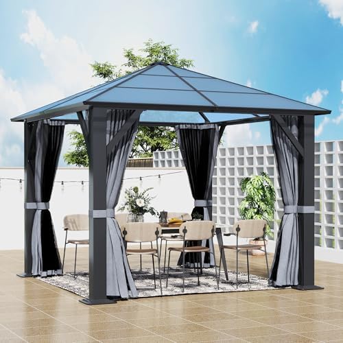 10x10 FT Hardtop Outdoor Gazebo, Aluminum Frame Polycarbonate Hardtop Garden Tent with Curtains & Mosquito Netting