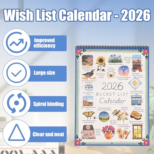 12-Monats-Bucket-List-Wandkalender, Saisonaler Planer Mit Spiralbindung, Bucket List Kalender 2026, 12-Monats-Zielplaner Mit Motivierenden Illustrationen, Für Bürobedarf, Deko für Zuhause & Büro