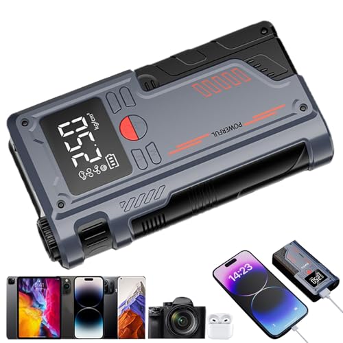 Arrancador de batería de coche - Arrancador de emergencia portátil para automóvil con pantalla digital LED, de arranque con compresor de aire para vehículos automotrices
