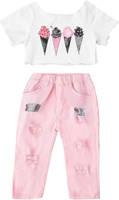 Amazon.com: Conjunto de 2 pantalones de verano para niñas más fineser con  estampado de helado, camiseta y pantalones cortos de mezclilla rasgados :  Ropa, Zapatos y Joyería