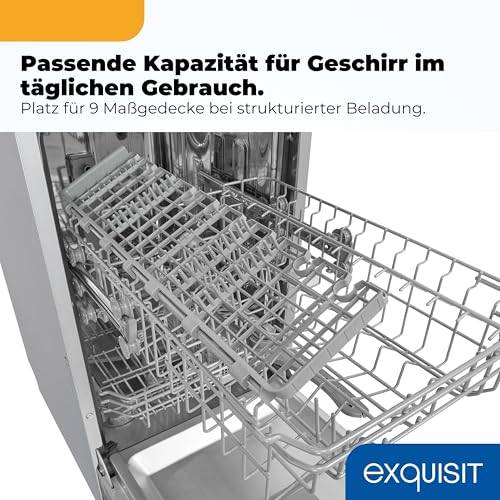 Exquisit Geschirrspüler | 9 Maßgedecke, Energieklasse E, 49 dB Geräusch | 7 Programme, Extra-Trocknung, Startzeitverzögerung, Vorspülen, Power+, Wasserschutz, Geschirrkorb | GSP59309-030E silber