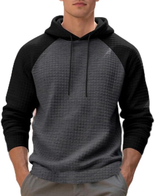 ZOCANIA Sweatshirts for Men Long Sleeve Waffle Knitted Sweater Drawstring Hoodies Mens Color Block Pullover Casual Hoody