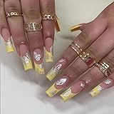 Long Press on Nails Yellow French Coffin Fake Nails with Silver Butterfly Designs False Nails Full Cover Artificial Nails Glue on Nails Stick on Nails for Women 24PCS