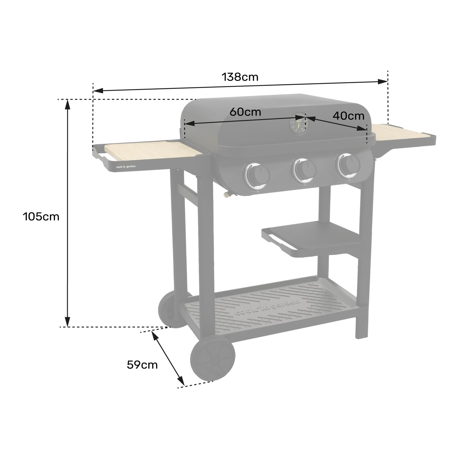 Cook’in Garden - Barbecue Gaz FLAVO 60 sur Chariot, 3 Brûleurs, Fonction Grill et Plancha, Structure Métal, Cuve Acier, Allumage Facile, Capot avec Thermomètre, Idéal Terrasse Extérieur Jardin