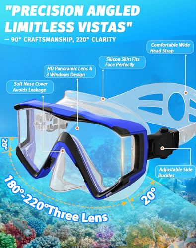 image for Greatever Snorkel Set Pano 3 Window Snorkel Mask Adult, Panoramic Wide