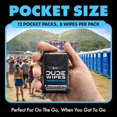 Image of DUDE Wipes Unscented Pocket Packs - Travel Wipes - 12 Packs of 8 (96 Count) - On-The-Go Adult Flushable Wipes for Sensitive Skin - Infused with Vitamin E and Aloe - Septic and Sewer Safe