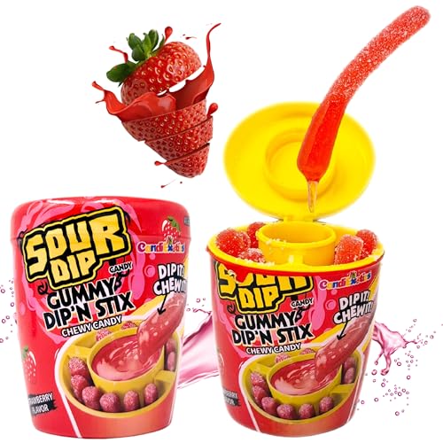 Image of CandiExotics Sour Juicy Dip Gummy Candy Dip'N Stix Sweet & Sour Chewy Candy For Kids, Strawberry Flavor, Perfect For Parties & Treats, 96 Grams