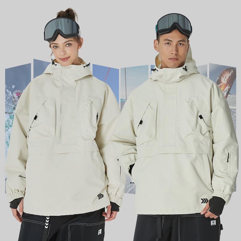SNOWVERB Womens Mens Baggy Anorak Half-zipper Snow Waterproof Ski Coat Insulated Snowboard Jackets with Hood (US, Alpha, Medium, Regular, Regular, White)
