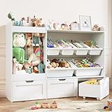 VortinT Kids Toy Storage, 50.6' W x 41.3' H Large Toy Organizers and Storage Cabinet with 6 Plastic Bins, 3 Rolling Drawers, Stuffed Animal Zoo, Wooden Organization Shelf for Playroom, Nursery(White)