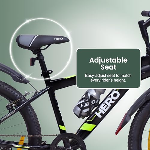 Image of Hero Rove Sports 24T Single Speed Mountain Bicycle for Mens | Black-Lime Green | Rigid | V Brake | Steel Frame : 15.5Inches | Rider Height : 4ft 4 inch - 5ft 1 inch | 95% Pre-Assembled(Ready to Ride in 5 Min)
