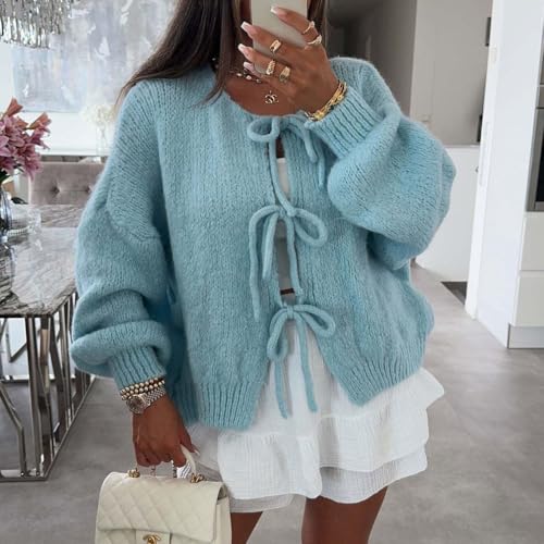 Image of Women Casual Bow Tie Front Cardigan Sweater Solid Crew Neck Long Sleeve Self Tie Open Front Knit Sweater Top Fall