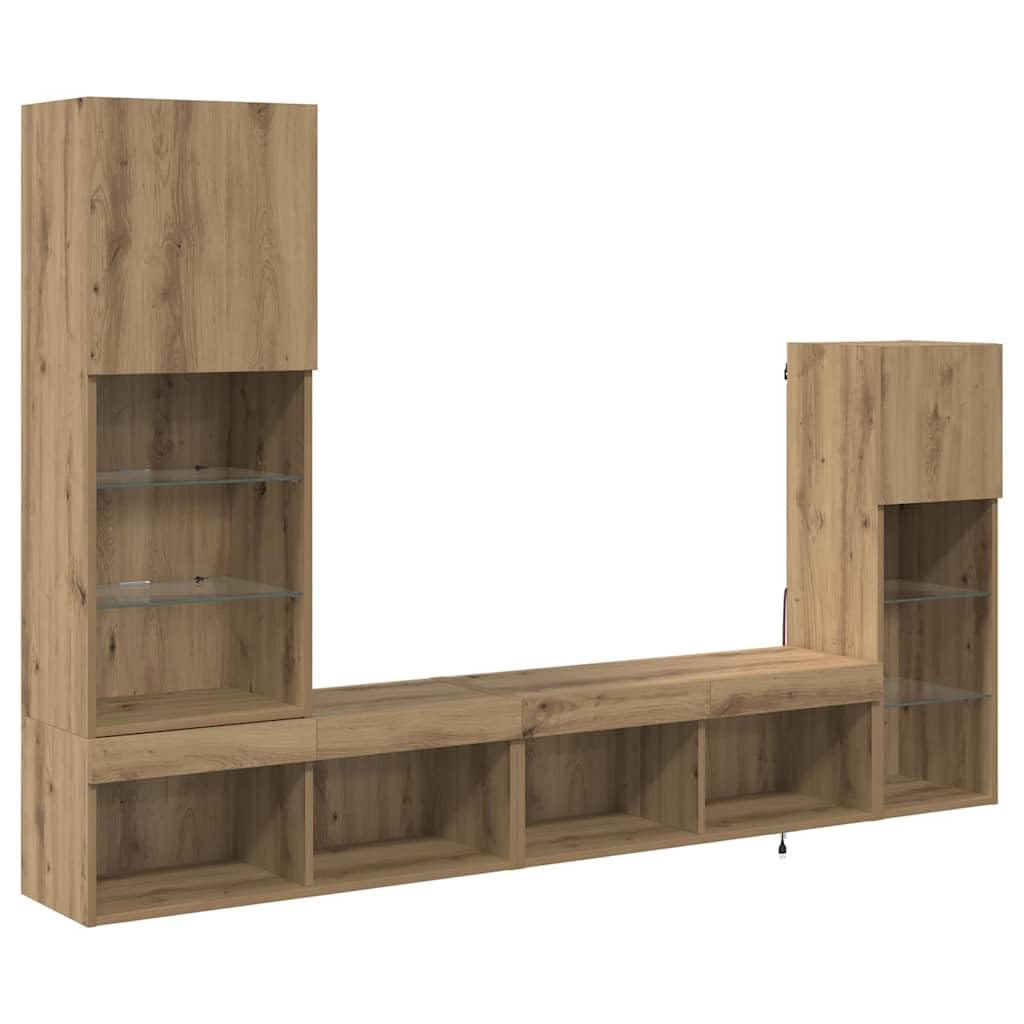 TV-Wandgeräte Wandmontiert 4-TLG Artisan-Eiche Holzwerkstoff mit LED-Beleuchtung 13 Regale 2 Türen Stauraum-Schrank Wohnzimmer Regal-Set Modern Media Center