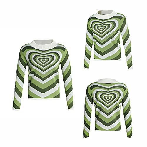 Women Y2K Knitted Sweaters Casual Crewneck Long Sleeve Heart Wave Graphic Color Block Fall Sweatshirt Knitwear Tops (M, Green-A) #TOP2