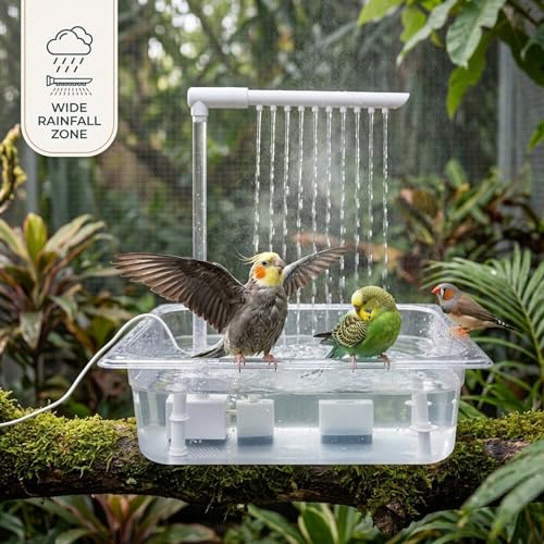 Baño automático para pájaros con simulación de lluvia para periquitos y aves 4