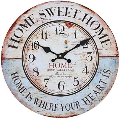 Wall Clock - Home Sweet Home - Wooden kitchen clock with large dial made of MDF, Retro clock in trendy shabby chic design with quartz movement mechanism, Ø: 32 cm