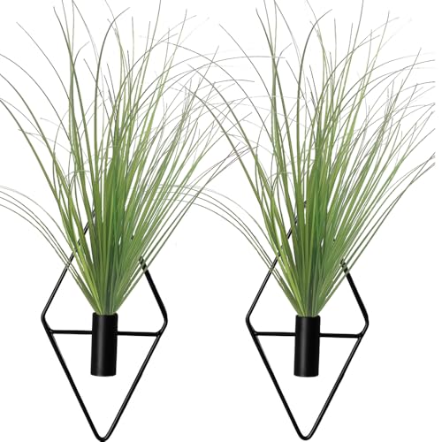 Hanging Planters with Artificial Plants, 2pcs Diamond Shape Metal Hanging Vase with Artificial Shrubs Wheat Grass Greenery Indoor Plants Holder Wall Decor for Home Living Room Bedroom Office (Black)