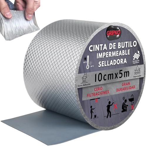 Gripko Cinta de Butilo Impermeable 10cmx5M - Cinta con Extra Adhesión de Aluminio - Cinta para Reparación de Tuberías, Grietas, Goteras - Cinta Selladora para Diversas Superficies Gran Durabilidad