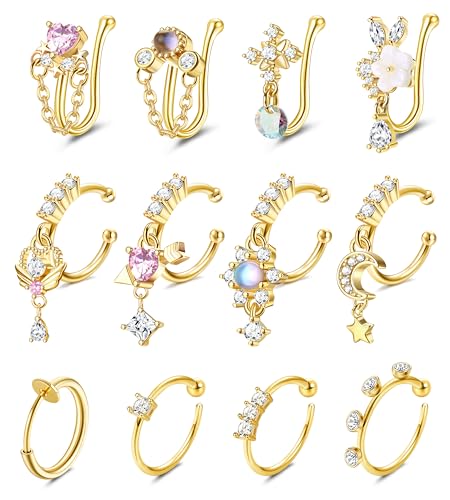 Florideco Nose Cuff Fake Nose Ring Hoop Clip on Nose Ring CZ Dangle Fake Nose Ring Cartilage Tragus Ring Nose Cuff Non Piercing for Women Men