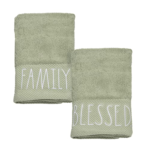 Rae Dunn Hand Towels, Embroidered Decorative Hand Towel for Kitchen and Bathroom, 100% Cotton, Sage- Family, Blessed, 16