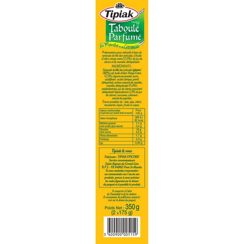 TIPIAK - Taboulé Menthe Citron en 350g avec huile d'olive - Préparation savoureuse de céréales et légumes secs pour un repas d'été réussi. - Lot De 4 - Vendu Par Lot