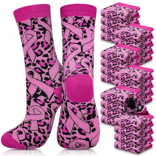 Image of Haysandy 24 Pairs Breast Cancer Awareness Socks Bulk Pink Ribbon Socks Women Football Volleyball Softball Cheer Pink Out Game