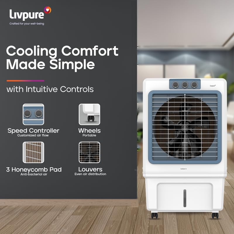 Image of Livpure Iceblast Desert Air Cooler- 90L | 18 inch Fan Blade | High Air Delivery | Ice Chamber | Anti-Bacterial Honeycomb Pad | 190 Watts Motor with Inverter Compatibility | 2 Years Warranty by Livpure