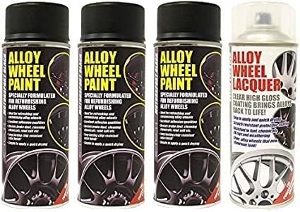 3 x E-Tech Black Wheel Paint and 1 x Clear Lacquer Car Alloy Wheel Spray Paint (4 Cans In Total)