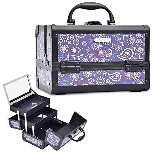 Joligrace Makeup Train Case for Girl Cosmetic Box Jewelry Organizer Lockable with Keys and Mirror 2-Tier Tray Portable Carrying with Handle Travel Storage Box - Purple Floral