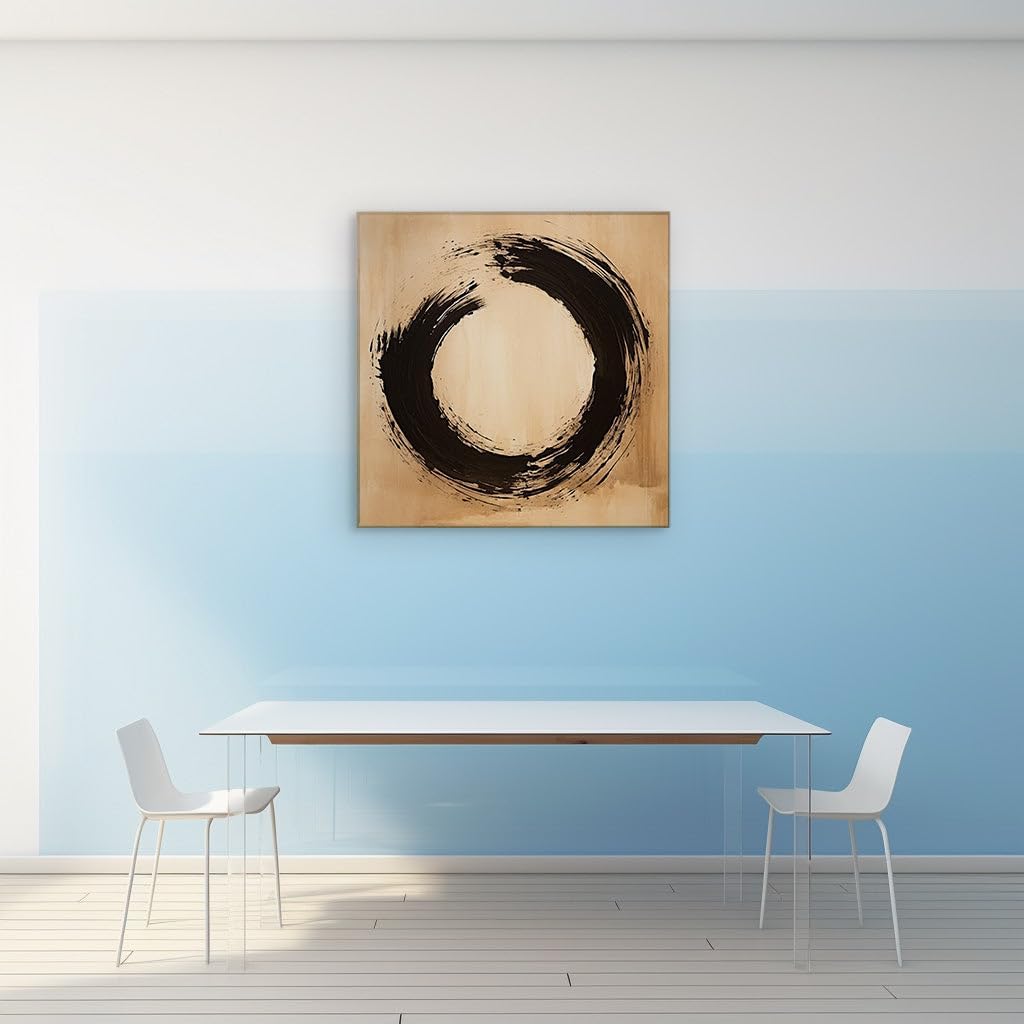 Canvas for Living room. Embracing Minimalism: The Serenity of a Black Brushstroke Circle on a Warm Paper Canvas, 27 x 18 inch Canvas Wall Art - Zen Wall Decor - 69x46 cm (27x18 inch)