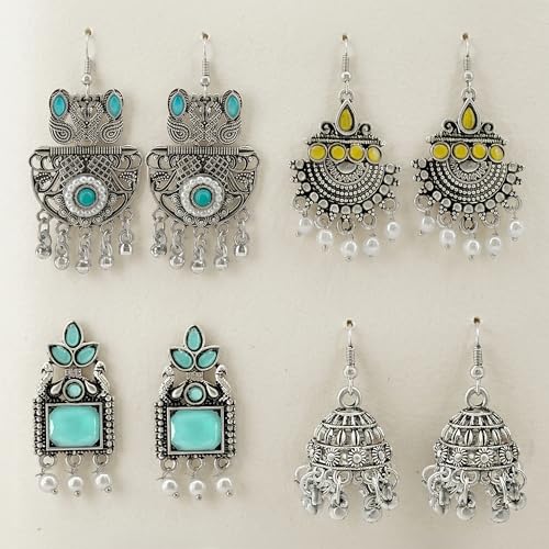 Image of Oxidized Earrings Set (12 Pairs) with Folding Jewelry Box - Traditional Jhumka, Stud & Dangler Earrings Combo for Women & Girls | Oxidised Ethnic Jewelry Gift Set for Birthday, Anniversary, Festive & Wedding