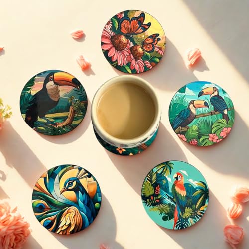 Image of Zesta Coasters for Cups Set of 6 / Wooden Coasters for Bar Accessories for Home /Tea Coaster Set of 6 / Waterproof Dining Table Decor Glass Cover (Birds, Circle)