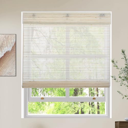 Cordless Linen Roman Shades Blinds,Sheer Light Filtering Window Blinds for Interior Windows, Real Natural Jute and Reed Material,Beige