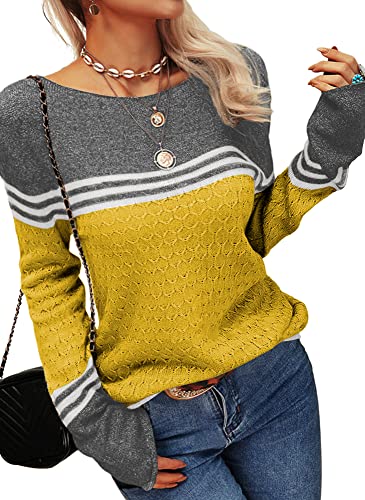 Image of Danedvi Womens Fall Fashion 2026 Sweaters Colorblock Lightweight Striped Crewneck Winter Trendy Pullover Tops