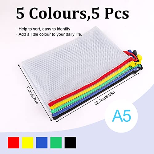 5-teilige A5 Dokumententasche mit Reißverschluss, Wasserdicht, Durchsichtig, Mesh Bag für Dokumente, Kosmetik etc. (Mehrfarbig)