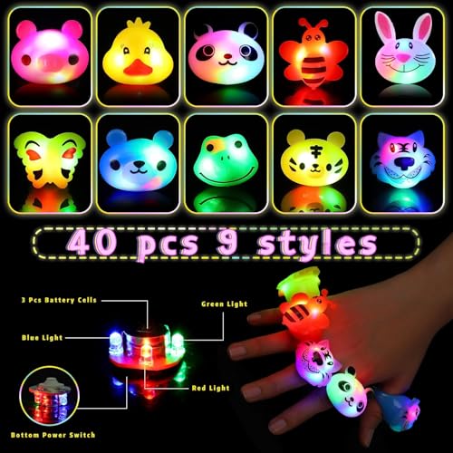 SCIONE 40 Stück LED Leuchtringe Blinkende Ringe Fingerspielzeug Party Bag Fillers für Kinder Niedliche Tier Licht Up Spielzeug für Jungen Mädchen Klassenzimmer-Preise Partygeschenke