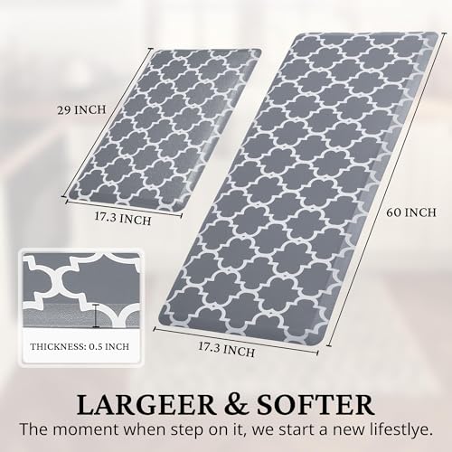KOKHUB Kitchen Mat and Rugs 2 PCS, Cushioned 1/2 Inch Thick Anti Fatigue Waterproof Comfort Standing Desk/Kitchen Floor Mat with Non-Skid & Washable for Home, Office, Sink - Grey