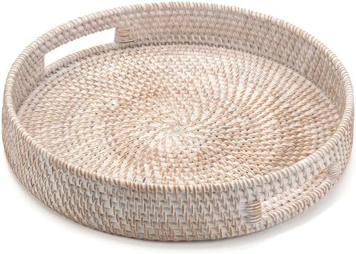 14" Round Rattan Tray, Hand Woven Serving Tray with Handles, Wick...
