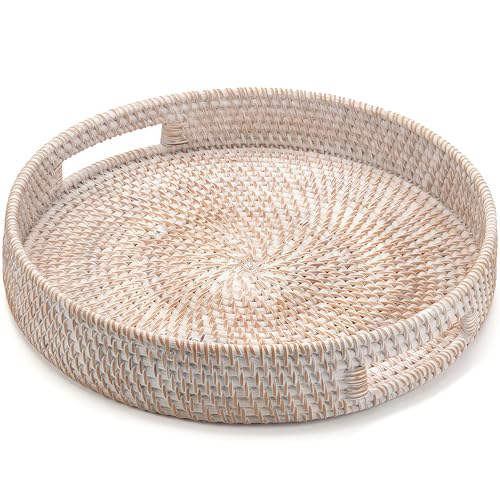 14" Round Rattan Tray, Hand Woven Serving Tray with Handles,