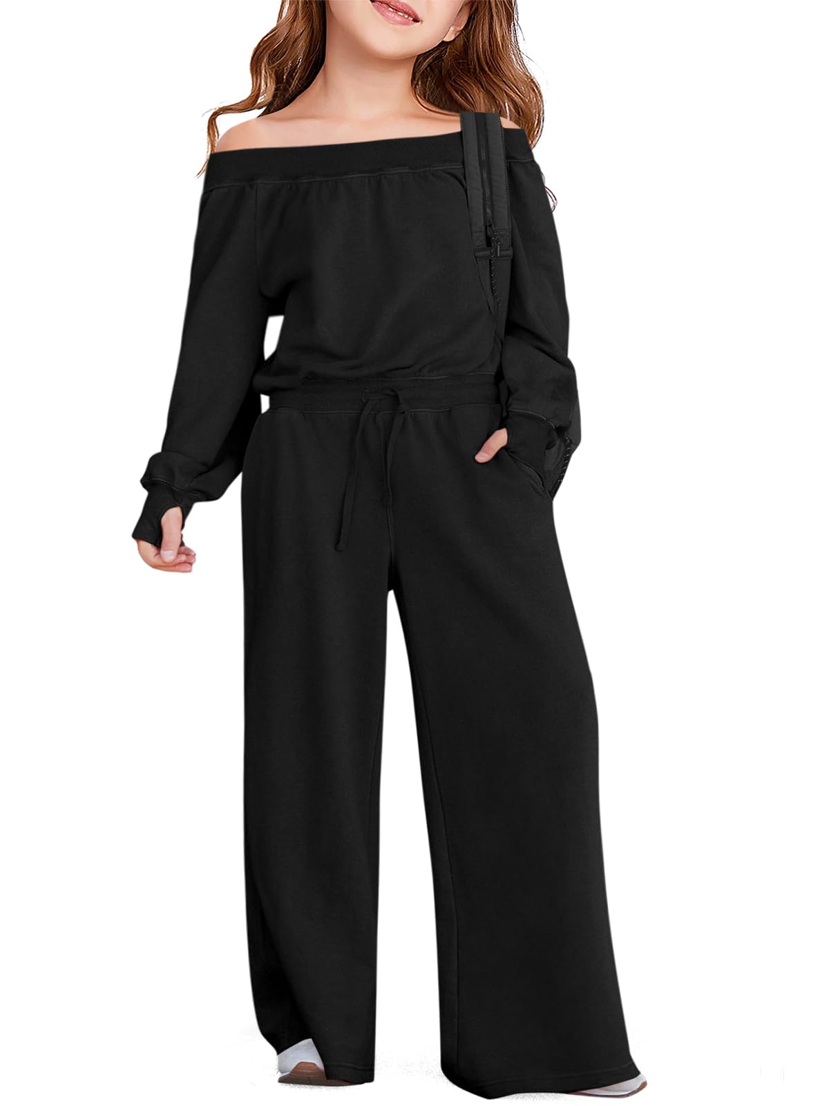 Girls Casual Jumpsuits Long Sleeve Off the Shoulder Wide Leg Loose Rompers with Pockets 5-14 Years