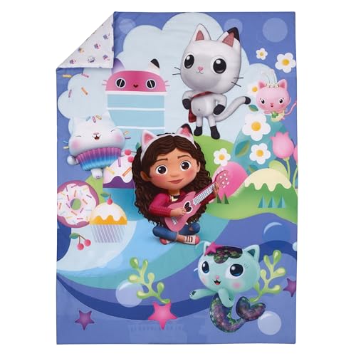 Image of Gabby's Dollhouse Gab-Tastic Purple and Pink Pandy Paws, Mercat, and Cakey 4 Piece Toddler Bed Set - Comforter, Fitted Bottom Sheet, Flat Top Sheet, and Reversible Pillowcase